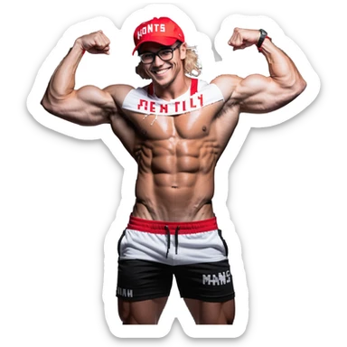 Thin man with defined muscles, black and white cap with VANOMAS text, bare torso, red shorts, clear glasses, messy light hair, flexing and smiling sticker