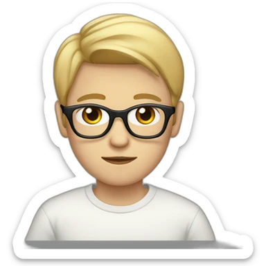 thin white teenager with blond hair.  He is cross-eyed and wears black glasses.  he has a triangular shaped head.  he's also wearing a white sweater. he has brown eyes sticker