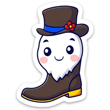 A cheerful Russian felt boot (valenok) wearing a fancy top hat sticker