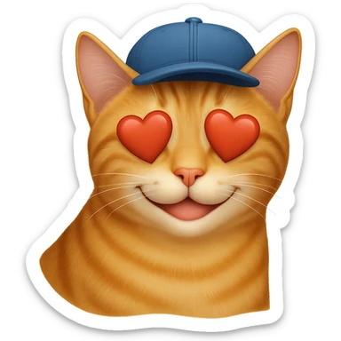 Change the cat's face expression to love (heart eyes or loving smile), keep the blue cap, and set the background to transparent. Maintain a style as close to the original realistic emoji as possible, with detailed fur texture and lifelike appearance. sticker
