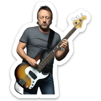 photo realistic Peter Hook, in 1979, playing a Yamaha black bass guitar, standing, full body, front view sticker