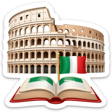An icon featuring the Colosseum and the flag of Italy, symbolizing the Italian language. The design includes an open book with Italian phrases and a gondola, representing language learning and cultural exploration. Transparent background sticker