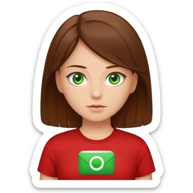 a girl with brown strait hair and has green eyes has a red t-shirt  sticker