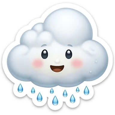 Create an emoji of a cute, chubby cloud with a small, happy face and tiny raindrops falling from it. sticker