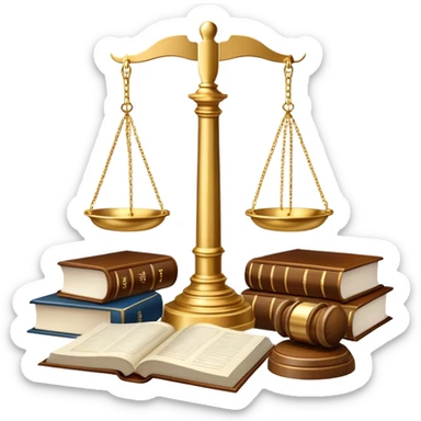 An icon featuring scales of justice, a gavel, and a legal book, symbolizing the study of law. The design includes courthouse pillars in the background, representing authority and legal systems. Transparent background highlights the principles of justice, order, and legal education. sticker