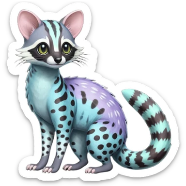 Feral Rare Fantasy iridescent scaly  shaded detailed deep pastel-gradients-colored colorful Genet-Trico-Civet-Cacomistle-Margay-species by LiLaiRa, with dark-blackish points, white belly, random markings, tufted tail, tufted ears, full body sticker