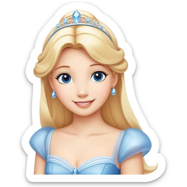 Cinematic Radiant Cinderella Portrait Emoji, rendered in a clean vector-style with bold proportions. Show Cinderella with a warm, serene smile, fair skin, and lustrous blonde hair, wearing a simple yet elegant dress that shimmers with gentle light. The image glows with an inviting, soft radiance and high shine, embodying timeless beauty. sticker