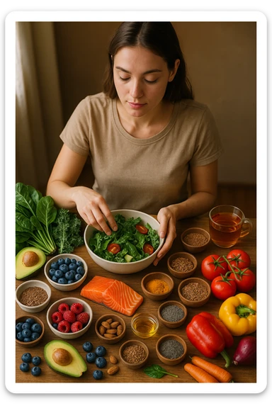 A realistic, cinematic flat-lay image of a clean wooden kitchen table filled with fresh, colorful whole foods known to help reduce androgen excess naturally. The table includes leafy greens like spinach and kale, avocados, berries, colorful vegetables, nuts, seeds (chia and flaxseeds), wild-caught salmon, and herbal teas, carefully arranged in an aesthetically pleasing, organized manner. A small glass bowl with olive oil and another with turmeric powder are included, emphasizing anti-inflammatory properties. In the scene, a young woman with clear, healthy skin and a calm expression is preparing a bowl with these ingredients, symbolizing a hormone-balancing diet. Warm, natural daylight streams in, creating a cozy and inviting atmosphere. The style is hyper-realistic 35mm photography, with vibrant yet soft colors, showcasing textures of the fresh produce and the peaceful vibe of using nutrition to support hormonal balance in italiano sticker