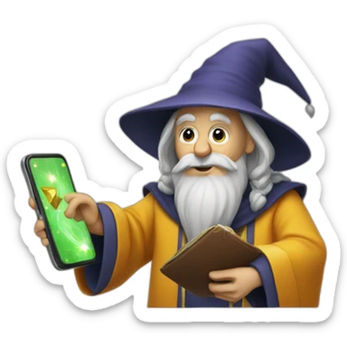 Wizard using cellphone and it has a Oz on it sticker