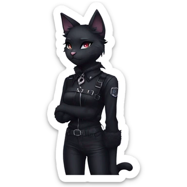 Gorgeous furry gothic dark techwear anime style anthro black cat furry sona with blushing face aesthetic and pretty edgy black with collar and harness trending style sticker