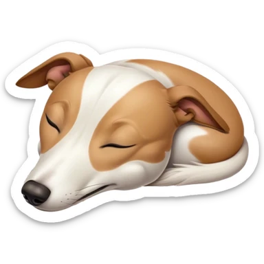 Meme-Worthy Cute Sleeping White and Brown Greyhound Portrait Emoji, Head resting peacefully with a contented smile, showcasing a lean, graceful build and a luxuriously smooth Fur of white with brown accents, eyes shut in a serene nap, Simplified yet hilariously adorable features, highly detailed, glowing with a soft, drowsy light, high shine, relaxed and utterly lovable, stylized with an air of playful laziness, bright and heartwarming, soft glowing outline, capturing the essence of a comically sleepy racer, so meme-worthy it feels like it could instantly become the next viral sensation of adorable slumber! sticker
