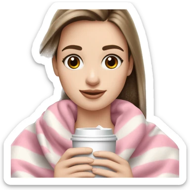 Pale girl brown eyes brown straight hair that is wearing a pink blanket wearing AirPods and holding iPhone 14 Pro Max silver in one hand and another hand she is holding a cup of coffee with some milk in it sticker