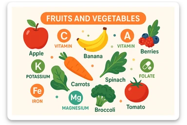 focus su frutta e verdura a tutto schermo e i micronutrienti contenuti in essa sticker