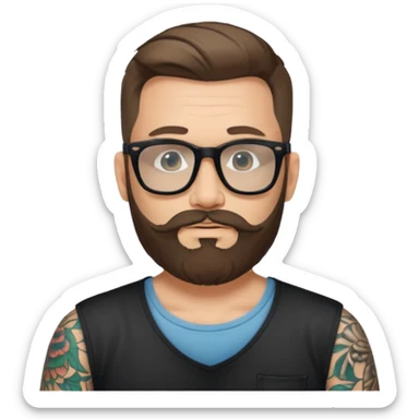 Svelte looking redhead man with sleeve tattoos and a beard and rayban glasses, 38 years old but younger looking sticker