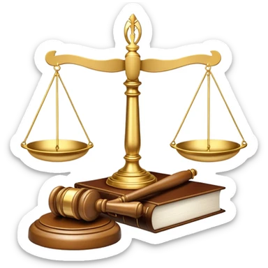 An icon featuring a gavel, scales of justice, and legal books, symbolizing law. The design includes a courthouse building in the background, representing the legal system and justice. Transparent background highlights the authority and structure of the law. sticker