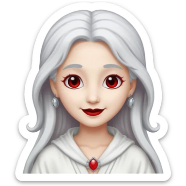 vull un perosnatge estil bimoji que sigui com una nimfa bella i fantasmal amb túniques blanques. Té la pell literalments blanca com el guix, cabell platejat, un nas llarg, ulls negres grans i llavis carmesí. que estigui somrient sense arrecades  sticker
