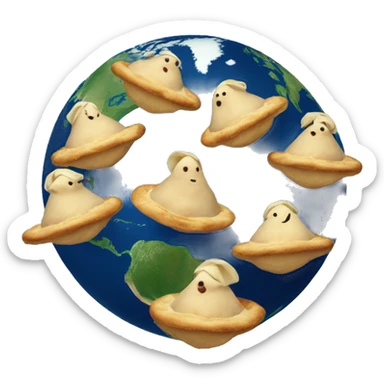multiple pierogis flying around earth like satelites sticker
