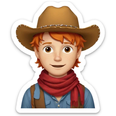 a wavy orange hair boy wearing a cowboy hat with a mischievous grin and freckles with western red scarf on his neck sticker