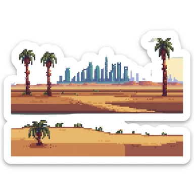 desert landscape with palm trees and a distant city skyline in Saudi Arabia sticker