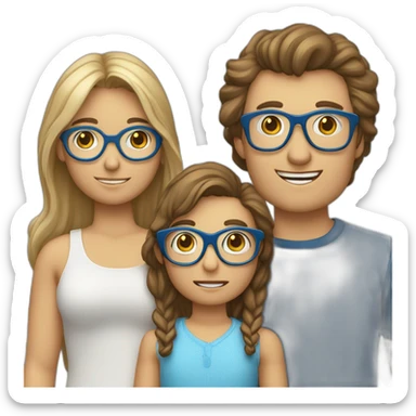 Familia de 4 personas: padre calvo con gafas, madre rubia de pelo largo, niño rubio de 8 años con gafas azules  y niño de pelo castaño de 12 años con gafas azules sticker
