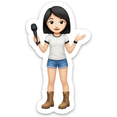 Crie uma cantora morena charmosa de shortes top e bota com microfone branca e cabelo preto sticker