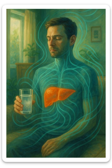 A man in a calm domestic environment, sitting with a transparent bottle or glass in hand containing an Epsom salt solution. He has a focused and aware expression. His body is partially transparent, with the liver highlighted brightly as if in a cleansing phase. Around the body, fluid energetic lines symbolize detoxification. The atmosphere is relaxed and natural, with warm light and green and blue tones representing health and purification. sticker