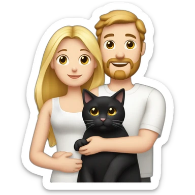 Family photo a fat husband with a beard is holding a white cat and wife with straight hair is holding another black cat sticker