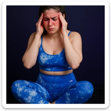 A slender woman in 4K, sitting with a straight back, hands pressing on reddened temples, expression of intense pain from muscle-tension headache, inspired by the reference photo. sticker