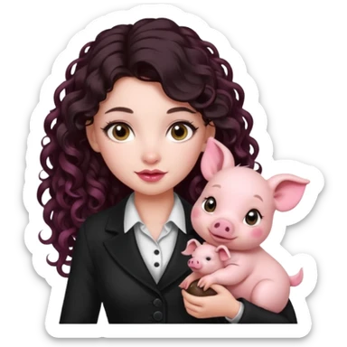 Ragazza bellissima sexy vestita bene capelli lunghi scuri con un piccolo maialino sticker