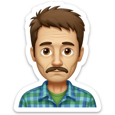 Skinny Hispanic man, 55 years old with light skin. Gaunt face with visible bone structure. Messy, tousled brown hair. Patchy brown beard that needs trimming. Tired eyes. Wearing an oversized green and blue checkered shirt on his thin frame. sticker