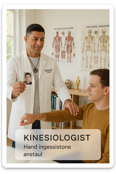 a middle-aged man, dressed in casual professional attire, is in a bright, organized therapy studio. Durante una visita di kinesiologia, il ragazzo tiene con una mano la foto di una persona lontana (il “testimone”) tiene la foto in mano, mentre con l’altra mano esegue un test muscolare su un cliente presente senza foto. Sullo sfondo si vedono libri di kinesiologia, poster anatomici e strumenti tipici della disciplina. L’atmosfera è concentrata e serena, con luce naturale che entra dalla finestra, sottolineando l’aspetto alternativo e umano della pratica. sticker