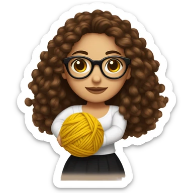 very pretty Hispanic woman that has long brown curly hair holding one ball of yarn with both hands wearing a black shirt and black glasses sticker