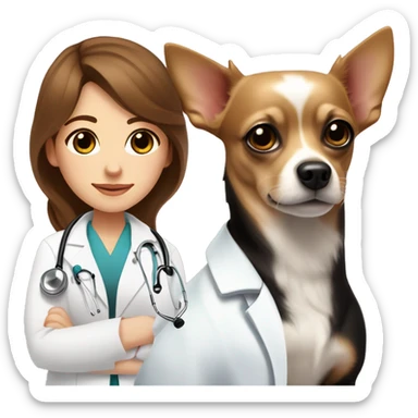 Veterinary doctor white woman with long brown wavy hair and brown eyes, wearing a white coat , a pink stethoscope around neck and standing next to a solid black colored chihuahua dog  sticker