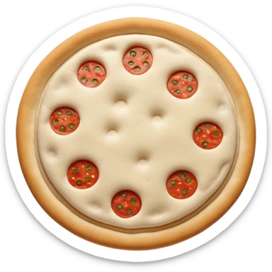 round flattened disc of raw pizza dough with soft smooth surface slightly uneven edges pale beige color light flour dusting subtle air bubbles supple stretchy appearance no sauce no toppings no tools soft lighting subtle shadows emoji scale sticker