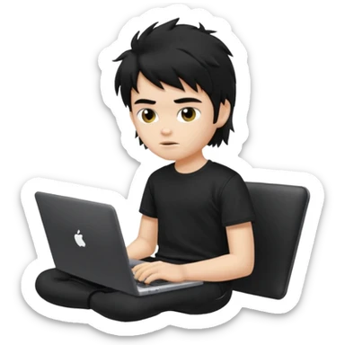 generate a pretty fair bratz boy with a messy mullet (black hair), wearing a black tshirt. Using his laptop sticker