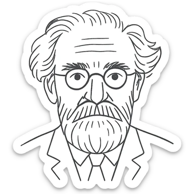 a hand drawn black outline portrait of philosopher Gaston Bachelard with similar-sized eyes based a famous portrait of him, with less messy hair sticker