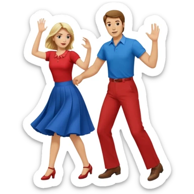 Two people. Man in red shirt and  red pants with brown hair. Women in blue shirt and long skirt with blond hair. Swing Dancing sticker