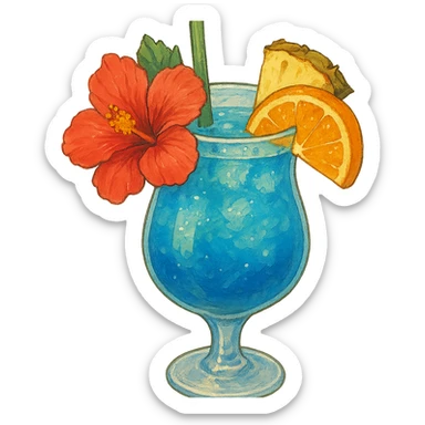 vibrant tropical fruity blue cocktail with hibiscus, pineapple and orange garnishes sticker