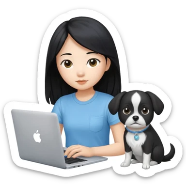 Asian girl with long black hair, wearing a light blue t-shirt, working on an Apple laptop, beside a small black and white dog sticker