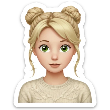 dirty blonde hazel  green eyes woman with a white cable knit sweater and one messy bun with tendrils of hair flowing down her face and she is happy pale, some freckles, blush. she has a cateye wing and long lashes sticker