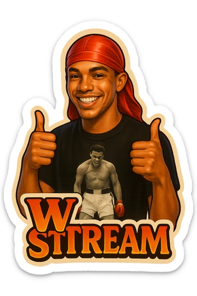 Make him Smiling With 2 thumbs up
Change His durag To Red
Add the words W Stream sticker