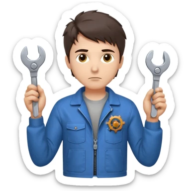 Calm and independent male technician, fair skin, short tousled dark brown hair, cool gray eyes, serious but composed expression, wearing a blue work jacket over a grey t-shirt, holding a wrench in one hand and a mechanical gear in the other, waist-up, front-facing sticker