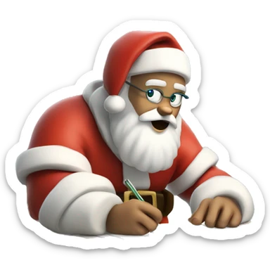 White Santa Claus is sitting on a desk, writing something down on a sheet of paper, solving complicated math puzzles  sticker