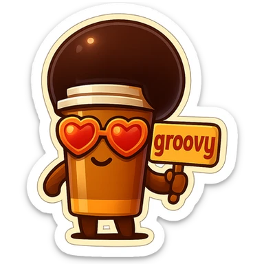 Tall coffee cup, no mouth, afro, heart glasses, holding sign "groovy" sticker