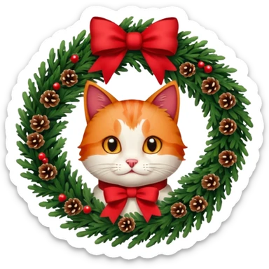 A Christmas wreath made entirely of fir trees, decorated with a red bow at the bottom, pine cones and Christmas tree balls, and a cat poking its face through the hole in the center. sticker