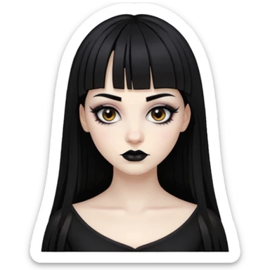 Faça uma moça de cabelo preto e micro franja pálida e com maquiagem gótica pesada olhos castanhos escuro  sticker