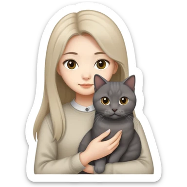 Asian girl beige long hair holding dark grey British short hair cat sticker