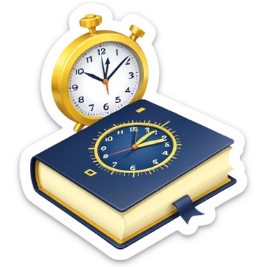 A yellow productivity book with navy blue and gold details, running clock and chart with upward trend aura, radiating productivity, strategy, and success in motion with time and happiness yellow... power in time sticker