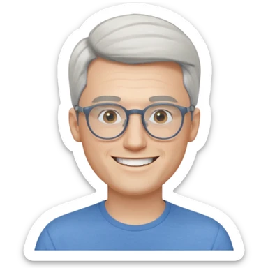 30 yr old pale white man, white/grey side swept stylish hair, round glasses, big smile, white teeth, handsome, longer hair, thin glasses, blue  shirt sticker