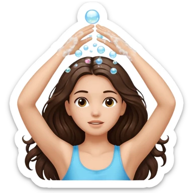 brunette girl long hair up arms up hands on head washing hair soapy bubbles sticker